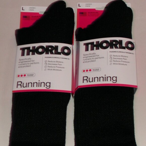 2 Pairs Thorlo Maximum Cushion Running Unisex Crew Socks Women's Large - Black - Picture 1 of 8